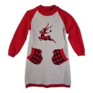 Kids4ever Reindeer Christmas Sweater Dress W/ Mitten Pockets Size 6/7